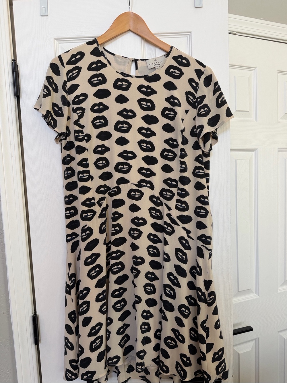 Anthropologie Essential Antwerp Silk Dress Size 10 US Cream, Black Lip Print